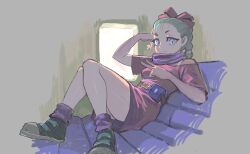 1girl ankle_socks aqua_hair arm_up belt belt_around_waist belt_buckle belt_pouch black_shoes blue_eyes blue_hair bow bra_strap braid braided_ponytail breasts brown_belt buckle bulma commentary curled_fingers dragon_ball dragon_ball_(classic) dress elbow_rest english_commentary from_side full_body green_hair grey_background hair_bow hair_tie half-closed_eyes hand_on_own_head highres indoors knees_together_feet_apart knees_up leather_belt light_blush long_eyelashes long_hair looking_at_viewer looking_to_the_side lying medium_breasts off-shoulder_dress off_shoulder on_back pink_bow pink_dress pouch purple_scarf purple_socks reclining scarf shoes short_dress short_sleeves single_braid sketch smile socks solo thick_eyelashes thighs v v-shaped_eyebrows vertigris window