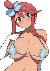 1girl areola_slip bikini blue_bikini blue_eyes blush breasts breasts_apart ecgg_(tsuji418477) elbow_gloves gloves hair_ornament highres large_breasts long_sidelocks looking_at_viewer micro_bikini navel nintendo one_side_up pokemon pokemon_bw red_hair sidelocks simple_background skyla_(pokemon) solo swimsuit tan upper_body white_background white_gloves