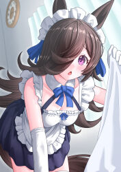 1girl absurdres alternate_costume animal_ears black_hair blush breasts cleavage clock collarbone commentary_request detached_sleeves enmaided gamel_120 hair_between_eyes hair_ornament hair_over_one_eye highres horse_ears horse_girl horse_tail maid pov purple_eyes rice_shower_(umamusume) tail umamusume