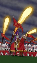 1girl absurdres alternate_costume animal_ear_fluff animal_ears armet armor army banner barding breastplate cloak cloud cloudy_sky dark_clouds deltakiryuart fireball grass greaves helmet heterochromia highres hooves horse horseback_riding indie_virtual_youtuber knight lance long_hair maddie_(vtuber) medieval midiknights_(maddie) orange_eyes pauldrons plate_armor polearm purple_hair rabbit_ears rabbit_girl red_eyes riding ringlets sabaton saddle shoulder_armor sky spear sword tabard vambraces war weapon