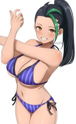 1girl bikini black_hair breasts cleavage green_hair grin high_ponytail highres large_breasts navel nemona_(pokemon) nintendo pokemon pokemon_sv ponytail purple_bikini simple_background smile solo stretching surippa1010 swimsuit white_background yellow_eyes