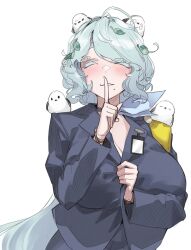 Rule 34 | 1girl, aqua hair, bird, black choker, black jacket, blue ribbon, breasts, choker, closed eyes, cosplay, finger to mouth, goddess of victory: nikke, highres, huge breasts, jacket, leaf, leaf on head, messy hair, mole, mole under mouth, ribbon, shushing, solo, sora (nikke), sora (nikke) (cosplay), tenbin gashira, trina (nikke), upper body, white background