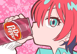 1girl absurdres amate_yuzuriha blue_eyes bubble_background can collared_shirt commentary_request dr_pepper drink drink_can drinking earrings from_side gundam gundam_gquuuuuux hand_up highres holding holding_can holding_drink jewelry long_sleeves looking_at_viewer looking_to_the_side megusuri_(oyasirazumonai) pink_background portrait profile red_hair shirt short_hair soda_can solo stud_earrings