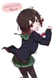 1girl black_jacket black_pantyhose brown_hair feet_out_of_frame from_behind gradient_hair green_sailor_collar green_skirt gyuunyuu_no_chikara highres jacket kantai_collection looking_at_viewer looking_back multicolored_hair mutsuki_(kancolle) mutsuki_kai_ni_(kancolle) neckerchief one-hour_drawing_challenge pantyhose pleated_skirt red_eyes red_hair red_neckerchief sailor_collar school_uniform serafuku short_hair simple_background skirt solo white_background