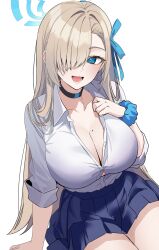 1girl asuna_(blue_archive) asuna_(school_uniform)_(blue_archive) blonde_hair blue_archive blue_eyes blue_halo blue_ribbon blue_skirt blush breasts choker cleavage collarbone hair_over_one_eye hair_ribbon halo highres large_breasts long_hair looking_at_viewer mole mole_on_breast nakano_kura pleated_skirt ribbon scrunchie shirt sitting skirt sleeves_rolled_up smile solo thighs very_long_hair white_background white_shirt wrist_scrunchie