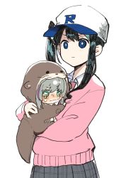 2girls bad_id bad_twitter_id baseball_cap black_hair blue_eyes blush bright_pupils cardigan collared_shirt crying crying_with_eyes_open grey_hair grey_skirt hair_behind_ear hat highres kanai_608 miyu_ottavia multiple_girls nijisanji nijisanji_id onomachi_haruka otter_costume pink_cardigan plaid_clothes plaid_skirt purple_hair shirt side_ponytail skirt tears v-shaped_eyebrows virtual_youtuber white_headwear white_pupils white_shirt