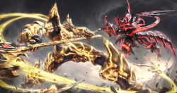 2boys absurdres armor armored_dress battle black_armor boots character_request christopher_harden claws coat commentary dark_knight dark_knight_(garo) dress english_commentary fang fantasy fighting full_armor garo garo:vanishing_line garo_(series) gauntlets glaive_(polearm) gloves glowing glowing_eyes glowing_weapon gold gold_armor helmet highres holding holding_polearm holding_spear holding_sword holding_weapon huge_weapon knight long_sideburns male_focus md5_mismatch metal multiple_boys neon_lights polearm red_eyes resolution_mismatch shoulder_armor sideburns skull source_larger spear sword sword_(garo) trench_coat weapon zhen_long