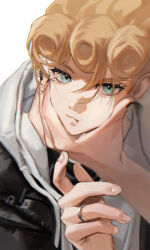 2boys :t absurdres black_hoodie black_nails blonde_hair blurry_edges cheek_squash closed_mouth dio_brando eyelashes grabbing_another&#039;s_face green_eyes head_grab highres hood hoodie jewangchobab jewelry jojo_no_kimyou_na_bouken looking_at_viewer male_focus multiple_boys partially_shaded_face ring simple_background solo_focus vento_aureo victory_rolls white_background white_hood