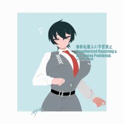 1girl black_hair bouncing_breasts breasts female_focus genderswap genderswap_(mtf) huge_breasts no_710 running sang_yi_(project_moon) short_hair yi_sang_(project_moon)