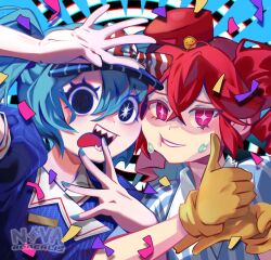 2girls arm_up black_background blue_background blue_hair blue_hat blue_nails bow cheek-to-cheek collared_dress crossed_bangs diagonal-striped_bow dress drill_hair fingernails gloves grin hat hat_bow hatsune_miku heads_together help_(american_sign_language) kasane_teto kepi looking_at_viewer mesmerizer_(vocaloid) military_hat mismatched_pupils multiple_girls nervous_smile nervous_sweating nova_borealis pinstripe_dress pinstripe_hat pinstripe_pattern puffy_sleeves red_bow red_hair sailor_collar sharp_teeth shirt short_sleeves smile smiley_hat_ornament solid_circle_eyes star-shaped_pupils star_(symbol) striped_clothes striped_shirt sweat symbol-shaped_pupils teeth tongue tongue_out twin_drills two-tone_bow upper_body utau vocaloid white_background white_sailor_collar yellow_gloves