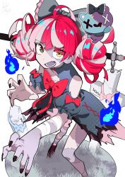 1girl absurdres black_bow black_dress black_nails blue_fire bow colored_skin colored_tongue double_bun dress fire grass green_eyes grey_hair grey_skin hair_bow hair_bun hanten_(hantennano) highres hololive hololive_indonesia kureiji_ollie kureiji_ollie_(1st_costume) looking_at_viewer mismatched_pupils multicolored_skin object_through_head open_mouth outstretched_arms patchwork_skin purple_tongue red_hair simple_background solo standing stitched_face stitched_torso stitches sword_in_head symbol-shaped_pupils udin_(kureiji_ollie) virtual_youtuber white_background x-shaped_pupils yellow_eyes zombie zombie_pose