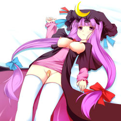 1girl bad_id bad_pixiv_id bandaid bandaid_on_pussy bed breasts female_focus hat large_breasts long_hair nipples no_bra no_panties patchouli_knowledge purple_hair ribbon small_areolae solo thighhighs touhou twintails very_long_hair yako
