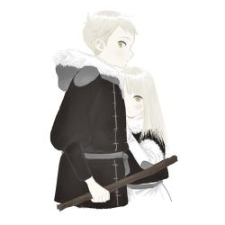 1boy 1girl aged_down black_coat blush brother_and_sister child clinging coat cropped_torso dress dungeon_meshi falin_touden falin_touden_(tallman) frs2 fur-trimmed_hood fur-trimmed_sleeves fur_trim grey_hair hiding hiding_behind_another holding holding_stick hood hood_down hooded_coat laios_touden layered_sleeves long_hair long_sleeves looking_at_viewer looking_up one_eye_covered profile puffy_long_sleeves puffy_sleeves shirt short_hair short_over_long_sleeves short_sleeves siblings sideways_glance simple_background stick stitches straight_hair turtleneck unusually_open_eyes white_background white_dress white_shirt winter_clothes winter_coat yellow_eyes