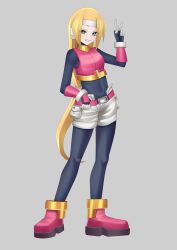 1girl absurdres bardanv3 belt belted_shorts blonde_hair blue_eyes bodystocking boots breasts cargo_shorts commission commissioner_upload covered_navel crop_top cynthia_(mega_man_zx_zeta) full_body gauntlets gloves grey_background hand_on_own_hip headband highres long_hair looking_at_viewer mechanical_ears mega_man_(series) mega_man_zx non-web_source original ponytail shorts sleeveless small_breasts smile thighs v