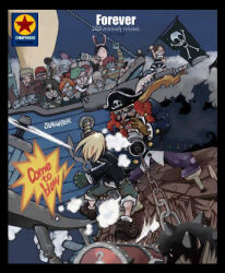 2001 6+boys anchor animal_ears arm_up backwards_hat ball_and_chain_(weapon) baseball_cap black_border black_hair black_shirt blonde_hair blue_coat boat border bottle brown_hair coat colored_skin commentary_request cyanporoco dreadlocks duel facial_hair fake_animal_ears full_body gloves green_gloves green_shorts grey_skin hat holding holding_bottle jolly_roger korean_commentary long_sleeves mask mask_on_head mohawk multiple_boys mustache open_mouth orange_hair original pirate pirate_hat rabbit_ears red_hair red_hat shirt short_hair shorts skull_and_crossbones spiked_ball_and_chain sunglasses torn_clothes watercraft