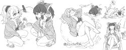 ! 2girls :d alternate_costume alternate_hairstyle arms_behind_head bikini bikini_under_clothes bow braid breasts cleavage closed_mouth crossed_legs cup drinking_straw frilled_hair_tubes frills greyscale hair_bow hair_ornament hair_scrunchie hair_tubes hakurei_reimu holding holding_cup holding_seashell holding_trowel innertube jacket kirisame_marisa lying mero_(starfish_jcs) monochrome multiple_girls multiple_views on_innertube open_mouth partially_submerged ponytail prank sand sandals scrunchie single_braid sitting smile spoken_exclamation_mark squatting swim_ring swimsuit touhou twitter_username water