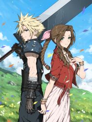 1boy 1girl absurdres aerith_gainsborough armor armored_gloves back-to-back bandaged_arm bandages bangle belt blonde_hair blue_eyes bracelet braid braided_ponytail breasts brown_belt brown_hair buster_sword choker cleavage closed_mouth cloud cloud_strife cloudy_sky cropped_jacket dress earrings falling_petals final_fantasy final_fantasy_vii final_fantasy_vii_rebirth final_fantasy_vii_remake flower_choker green_eyes hair_between_eyes hair_ribbon hand_on_own_chest highres holding holding_sword holding_weapon jacket jewelry light_blush light_smile long_dress long_hair medium_breasts multiple_belts nature outdoors over_shoulder parted_bangs pauldrons petals pink_dress pink_ribbon red_jacket ribbon short_hair short_sleeves shoulder_armor sidelocks single_braid single_earring single_pauldron sky sleeveless sleeveless_turtleneck smile spiked_hair sword turtleneck weapon weapon_over_shoulder zupakyo