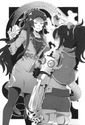2girls highres light_novel metal_arm monochrome multiple_girls official_art riho_flavin rol_calcife shorts snake sweatdrop tatoeba_last_dungeon_mae_no_mura_no_shounen_ga_joban_no_machi_de_kurasu_youna_monogatari watanuki_nao