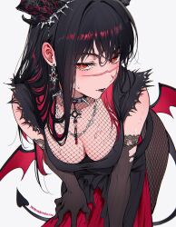 1girl absurdres alternate_costume bent_over black_gloves black_hair black_lips black_pantyhose black_shirt chainsaw_man collar demon_girl demon_horns demon_tail demon_wings earrings elbow_gloves fishnet_pantyhose fishnet_top fishnets gloves goth_fashion hair_between_eyes highres horns jewelry long_hair looking_at_viewer necklace orange_eyes pantyhose qiandaiyiyu shirt short_sleeves sidelocks solo spiked_collar spikes sweatdrop tail torn_clothes torn_gloves torn_shirt wings yoru_(chainsaw_man)