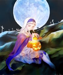 Rule 34 | 1girl, albino, boots, cape, cloak, cross, dress, female focus, full moon, gensou suikoden, gensou suikoden ii, graveyard, hairband, halloween, jack-o&#039;-lantern, konami, long hair, moon, night, pumpkin, red eyes, sakai yume, short hair, sierra mikain, silver hair, sitting, solo, thigh boots, thighhighs, tombstone
