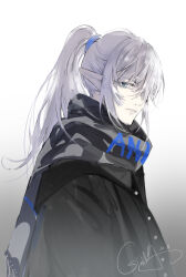 1boy alternate_costume black_coat blue_eyes chinese_commentary coat commentary dated elezen elf estinien_varlineau final_fantasy final_fantasy_xiv gradient_background grey_background grey_scarf hair_over_one_eye high_ponytail highres lips long_hair male_focus one_eye_covered pointy_ears ponytail print_scarf scarf shengxianxiaoyupian signature solo text_print upper_body white_background white_hair