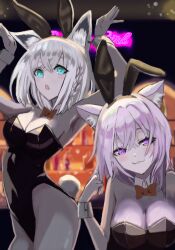 2girls :3 absurdres ahoge animal_ear_fluff animal_ears armpits arms_up bar_(place) bare_legs black_leotard blurry blurry_background blush bow bowtie braid breasts cat_ears cleavage commentary_request detached_collar earrings fake_animal_ears fox_ears fox_girl green_eyes hair_between_eyes highres hololive jewelry leotard looking_at_viewer medium_breasts multiple_girls naasu nekomata_okayu open_mouth playboy_bunny purple_eyes purple_hair rabbit_ears rabbit_tail shirakami_fubuki sidelocks single_braid small_breasts smile tail virtual_youtuber white_hair wrist_cuffs