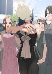 black_dress blue_nails bouquet bouquet_toss bracelet breasts brown_hair dress earrings flower flower_on_face grey_dress hand_on_own_face hara_kenshi highres jewelry kimishima_touka lace_dress long_hair medium_breasts medium_hair multiple_girls open_mouth original outdoors pearl_bracelet pink_dress wedding_dress