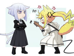2girls absurdres anger_vein animal_ears aoki_shizumi black_jacket black_ribbon black_shoes black_skirt black_socks blonde_hair cat_ears cat_girl cat_tail collared_shirt commentary_request crossed_arms highres instrument jacket juliet_sleeves kemonomimi_mode long_hair long_skirt long_sleeves multiple_girls music neck_ribbon playing_guitar playing_instrument pleated_skirt puffy_sleeves purple_eyes purple_hair ribbon ringed_eyes rock_wa_lady_no_tashinami_deshite school_uniform shiraya_tamaki shirt shoes skirt socks suzunomiya_lilisa tail tail_wagging thick_eyelashes twintails white_jacket white_shirt white_skirt