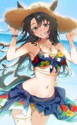 1girl animal_ears beach bikini black_tail blue_bikini blue_sarong blue_sky blush breasts cleavage commentary_request day ears_through_headwear floral_print_bikini hair_between_eyes hair_down hat highres horizon horse_ears horse_girl horse_tail kagari_liroi large_breasts long_hair looking_at_viewer ocean official_alternate_costume official_alternate_hairstyle outdoors sarong satono_crown_(sunny_island_splendor)_(umamusume) satono_crown_(umamusume) sky smile solo straw_hat swimsuit tail umamusume yellow_nails