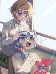 2girls asahi_rokka bang_dream! blue_hair brown_eyes brown_hair chair classroom glasses green_eyes green_necktie grey_jacket hair_ornament hairclip haneoka_school_uniform highres holding indoors jacket long_hair looking_at_viewer multiple_girls necktie open_mouth paper school_uniform shirt short_hair sitting skirt standing surprised sweat toyama_asuka umaa42 white_shirt window