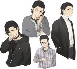 1boy alternate_costume bespectacled black-framed_eyewear black_choker black_coat black_eyes black_hair black_pants cellphone choker closed_mouth coat collared_shirt commentary covering_own_mouth crew_neck cropped_legs fashion flip_phone glasses grey_shirt grey_sweater hair_slicked_back hand_in_pocket holding holding_phone hood hood_down hoodie isa_(peien516) jewelry lapels layered_sleeves long_sleeves looking_to_the_side male_focus multiple_views necklace notched_lapels odagiri_hidetoshi pants partially_unzipped persona persona_3 phone plaid_clothes plaid_shirt semi-rimless_eyewear shirt short_hair short_sideburns sideways_glance simple_background striped_clothes striped_shirt sweater turtleneck white_background white_shirt wing_collar zipper zipper_pull_tab