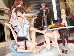 10s 1boy 4girls all_fours apple aqua_(konosuba) bad_id bad_pixiv_id banana barefoot bathrobe bdsm between_breasts blonde_hair blue_hair bondage bottle bound breasts brown_hair chair cloth_gag clothed_male_nude_female clothes_hanger coffee_table darkness_(konosuba) domination dutch_angle feet fingerless_gloves food fruit gag gloves grapes harem hat hookah human_furniture improvised_gag indoors kono_subarashii_sekai_ni_shukufuku_wo! large_breasts looking_at_viewer megumin mirror multiple_girls nestern nipples nude objectification pear pimp pussy satou_kazuma sitting slave small_breasts smoke smoking standing table uncensored witch_hat wiz_(konosuba)