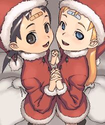 Rule 34 | 2girls, bandaid, bandaid on face, bandaid on forehead, black eyes, black hair, blonde hair, blue eyes, christmas, commentary request, flat chest, hat, hijiri rei, holding hands, interlocked fingers, looking at viewer, lowres, multiple girls, oekaki, open mouth, original, sack, santa costume, santa hat, short twintails, smile, twintails