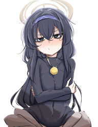 black_eyes black_sweater blue_archive blush hairband half-closed_eyes halo holding_own_arm jewelry long_hair looking_at_viewer mine_thrower_(ore_no_bakudan) necklace simple_background sweatdrop sweater ui_(blue_archive) upper_body white_background