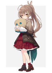 1girl absurdres aged_down ahoge aqua_cape azuuru blush boots brown_cape brown_capelet brown_cloak brown_eyes brown_hair brown_vest cape capelet cloak embroidery feather_hair_ornament feathers friend_(nanashi_mumei) frilled_skirt frilled_sleeves frilled_socks frills fringe-trimmed_capelet fringe_trim full_body hair_ornament hairclip hieroglyphics high-waist_skirt highres hololive hololive_english hood hood_down hooded_capelet hugging_doll hugging_object layered_skirt long_hair looking_at_viewer multicolored_hair nanashi_mumei nanashi_mumei_(1st_costume) ponytail red_skirt ribbon shirt skirt socks streaked_hair stuffed_toy two-sided_cape two-sided_fabric vest virtual_youtuber white_shirt