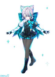 Rule 34 | 1girl, absurdres, animal ear fluff, animal ears, back bow, black boots, black gloves, black pantyhose, blue bow, blunt bangs, boots, bow, bowing, butler bowing, cat ears, closed eyes, closed mouth, commentary request, dress, frilled dress, frills, full body, genshin impact, gloves, grey hair, highres, lace-up boots, lofter username, lynette (genshin impact), mibai yume, multicolored hair, outstretched arms, pantyhose, short dress, skirt, solo, sparkle, standing, streaked hair, two-tone skirt, white background