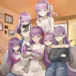 6+girls baby bare_shoulders bb_(fate) black_hair blue_eyes bow breasts child fate/grand_order fate_(series) fujimaru_ritsuka_(male) glasses hair_bow hair_ribbon highres if_they_mated kazuradrop_(fate) kingprotea_(fate) large_breasts long_hair matching_hair/eyes multiple_girls obazzotto purple_eyes purple_hair red_ribbon ribbon semi-rimless_eyewear short_hair sweater toddler violet_(fate)