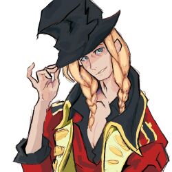 1boy adjusting_clothes adjusting_headwear black_hat blonde_hair blue_eyes braid bright_pupils commentary dio_(kyokugen_dasshutsu) english_commentary hamnerheads hat highres jacket kyokugen_dasshutsu kyokugen_dasshutsu_adv:_zennin_shibou_desu male_focus medium_hair open_clothes open_jacket procreate_(medium) red_jacket red_shirt shirt simple_background smile solo top_hat twin_braids upper_body white_background white_pupils