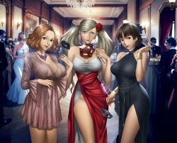 atlus black_dress blonde_hair blue_eyes breasts brown_eyes brown_hair chandelier choker cleavage commission dress earrings formal_clothes highres holding indoors jewelry large_breasts long_hair looking_at_viewer mask masquerade_mask medium_breasts megami_tensei multiple_boys multiple_girls necklace niijima_makoto okumura_haru parted_lips party persona persona_5 pink_dress red_dress red_eyes rondeu short_hair side_slit smile standing takamaki_anne twintails two-tone_dress white_dress