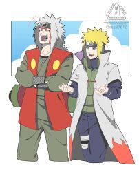 2boys blonde_hair blue_eyes closed_eyes crossed_arms facial_mark forehead_protector grey_hair highres jacket jiraiya_(naruto) konohagakure_shinobi_uniform konohagakure_symbol long_hair long_sleeves looking_at_another male_focus multiple_boys namikaze_minato naruto_(classic) naruto_(series) open_clothes open_jacket open_mouth open_vest pants red_vest scroll short_hair spiked_hair sssiii7610 teeth vest white_jacket