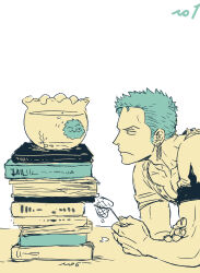 1boy absurdres animalization book book_stack eye_contact fishbowl fishnets from_side green_hair highres long_sideburns looking_at_another male_focus marimo no.6_(numberr_6) one_piece roronoa_zoro shirt short_hair sideburns sketch solo spot_color staring
