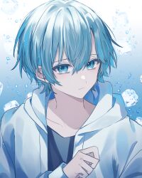 1boy 2023 absurdres black_shirt blue_eyes blue_hair collarbone daifuku_mame_(kageroudt33) dated highres jacket looking_at_viewer male_focus original shirt short_hair tearing_up twitter_username upper_body watermark white_jacket