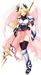 1girl armor armored_boots artist_request belt black_belt black_gloves black_shirt black_thighhighs blonde_hair boobplate boots breastplate closed_eyes cross cross_of_prontera curtained_hair feathered_wings full_body gloves head_wreath holding holding_polearm holding_weapon large_variant_set long_hair multiple_wings official_art open_mouth parted_bangs pauldrons pelvic_curtain pink_skirt pink_wings polearm ragnarok:_guild_masters ragnarok_online shirt shoulder_armor simple_background skirt smile solo spear thighhighs transparent_background valkyrie valkyrie_(ragnarok_online) vambraces variant_set weapon wings