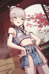 1girl arm_strap averting_eyes bamboo_steamer bare_shoulders blue_eyes blue_sailor_collar blue_skirt blurry blurry_foreground blush branch breasts cleavage_cutout clothing_cutout commentary_request cowboy_shot dot_nose dutch_angle ear_piercing earrings flower_pot food food_on_face furrowed_brow grey_hair grey_panties hair_bun hair_ornament hair_stick hands_on_own_hips highres indoors jewelry lattice midriff nervous_smile open_mouth original panties piercing plant pleated_skirt potted_plant rin_yuushi_(suumon) sailor_collar shirt single_hair_bun skirt sleeveless sleeveless_shirt small_breasts small_sweatdrop smile solo standing suumon tassel underwear