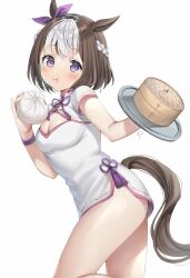 1girl alternate_costume steamed_bun blush bow braid breasts brown_hair china_dress chinese_clothes cleavage closed_mouth commentary_request cowboy_shot dress ear_bow food hair_between_eyes half_up_braid highres holding holding_food holding_tray horse-drawn horse_girl horse_tail medium_breasts multicolored_hair oshage_(osyage921) purple_bow purple_eyes short_hair short_sleeves simple_background solo special_week_(umamusume) streaked_hair tail tray umamusume white_background white_dress white_hair