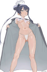 Rule 34 | 1girl, absurdres, atomusuku, bikini, black hair, blue archive, blush, breasts, butterfly hair ornament, coat, double bun, flashing, gluteal fold, grey coat, grey eyes, hair bun, hair ornament, halo, highres, kisaki (blue archive), looking at viewer, micro bikini, navel, petite, solo, swimsuit, twintails, white background