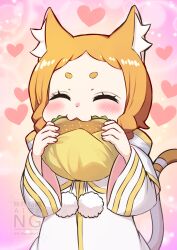 1girl animal_ear_fluff animal_ears blush braid burger capelet cat_ears cat_girl cat_tail closed_eyes commentary_request detached_sleeves eating facing_viewer food food_wrapper heart holding holding_burger holding_food long_hair mimi_pearlbaton orange_hair parted_bangs pom_pom_(clothes) re:zero_kara_hajimeru_isekai_seikatsu robe s_(hdru2332) solo tail twin_braids upper_body watermark white_capelet white_robe white_sleeves wide_sleeves