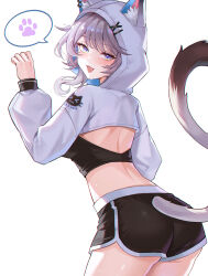 1girl absurdres alternate_costume animal_ear_fluff animal_ears ass black_shirt blue_eyes blush cat_ears cat_girl cat_tail cipher_(honkai:_star_rail) commentary cowboy_shot crop_top dolphin_shorts ears_through_hood from_behind grey_hair highres honkai:_star_rail honkai_(series) hood hoodie looking_at_viewer median_furrow medium_hair open_mouth revision shirt shorts shrug_(clothing) smile solo spoken_paw_print ssatang_118 sweat tail white_hood white_hoodie white_shrug