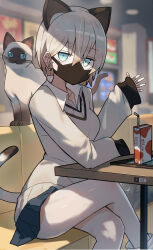 1girl absurdres animal animal_ears black_skirt blonde_hair blue_eyes blurry blurry_background brown_sweater carton cat cat_ears cat_girl cat_tail collared_shirt crossed_legs ear_piercing highres juice_box katsu_(katsupainter) long_sleeves looking_at_viewer mask mouth_mask original piercing school_uniform shirt short_hair siamese_cat siamese_cat-chan_(katsu) sidelighting sitting skirt solo sweater tail thighs white_shirt