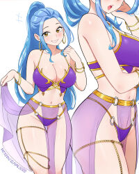 Rule 34 | 1girl, alternate costume, bikini, blue hair, bracelet, breasts, brown eyes, earrings, elpipe 3000, grin, harem outfit, high ponytail, highres, jewelry, large breasts, long hair, multiple views, navel, nefertari vivi, one piece, open mouth, pelvic curtain, ponytail, purple bikini, smile, swimsuit, teeth